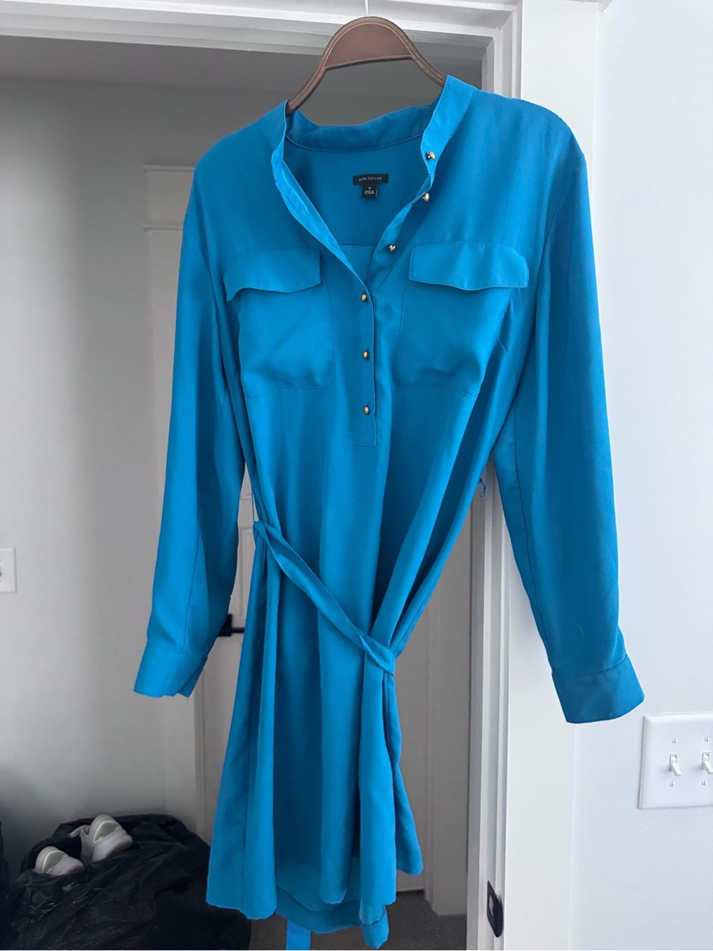 Ann Taylor Teal Long-Sleeve Shirt Dress with Waist Tie